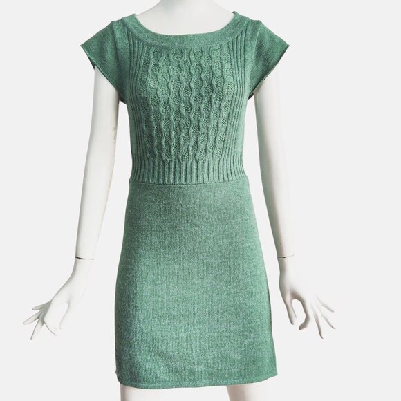 Tulle Office Siren Curvy Cable Knit w Rib Bodice Belt Back Sage Sweater Dress M - Picture 1 of 13